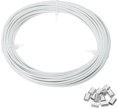 PATIKIL 5/64 Wire Rope, 49 ft 304 Stainless Steel Wire Cable White Vinyl Coated with 12pcs Crimping Sleeves for Hanging Lights Clotheslines Trellis, White