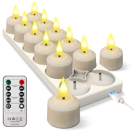 JVURICE Lot de 12 bougies chauffe-plat LED rechargeables, avec minuterie et station de charge, bougies chauffe-plat LED rechargeables, bougies vacillantes pour chambre, salon, Halloween, Noël, mariage