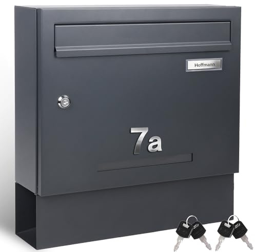 Zedelmaier XXL personalisierter Briefkasten mit Zeitungsfach, Anthrazit | Mailbox, wetterfester Wandbriefkasten; Edelstahl-Namensschild & -Hausnummer, DIN C4, 4 Schlüssel, 37,5 x 39 x 10,5 cm