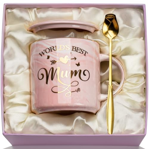 Mum Gifts, Mum Birthday Gifts Mug, Marble Ceramic Mummy Cup Presents for Mother - World's Best Mu-m, 14oz Pink Coffee Cup with Spoon, Lid, Greeting Card, Exquisite GiftBox