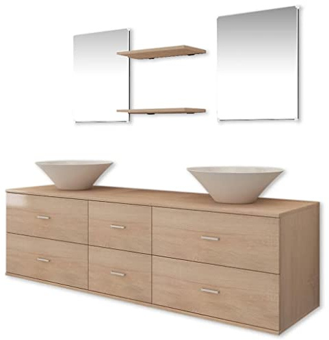 QJBSAVVA 7-TLG. Badmöbel Set mit Doppel-Waschtisch hängend, 2 Aufsatzwaschbecken aus Keramik, 2 Spiegel und Ablagen, Badezimmermöbel Set 150 cm breit, Beige und Weiß