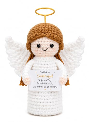 Gehäkelter Schutzengel mit Spruch „Ein kleiner Schutzengel für jeden Tag“ – Handgemachter Glücksbringer als Pocket Hug & Trostspender – Kleiner Engel als Mutmacher, Deko & Geschenk für Freunde