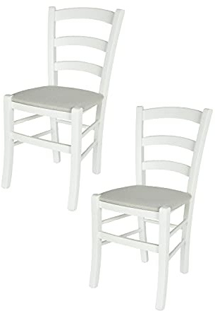 t m c s Tommychairs - 2er Set Stühle Venezia für Küche und Esszimmer, Robuste Struktur aus Buchenholz, deckend Weiss lackiert und gepolsterte Sitzfläche mit Stoff in der Farbe Auster Weiß bezogen