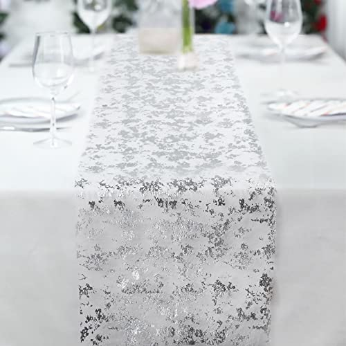 Fowecelt Table Runner Silver Glitter - Table Cloth Table Cover Party Table Cloth Shiny Netting Decoration Foil for Wedding Christmas Birthday Party Decor (Silver, 14 × 72 INCH)