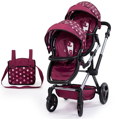 Bayer Design 26723AA Twin Xeo Cochecito de muñeca gemelas, Carrito Doble para muñecos, Altura Regulable, Ruedas Delanteras móviles, Bolsa