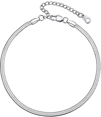 Bestyle Edelstahl Fußkette Schlangenkette 3mm breit Fußkettchen Frauen Sommer Accessoire Verstellbare 22+5cm Barfuß Strand Knöchelkette Silber