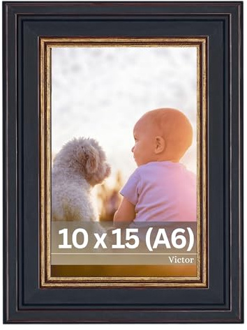 VictoR Bilderrahmen Goya in schwarz gold in 10x15 cm (A6) - Leiste: 31x19mm - Fotorahmen im vintage Stil mit bruchsicherem Acrylglas - Bilderrahmen 10x15 schwarz