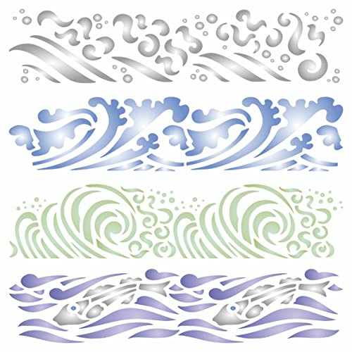Wellen Schablone, 16,5 x 16,5 cm (M) – Meer Ozean nautische Küste Riff Bordüre Schablonen zum Malen Vorlage