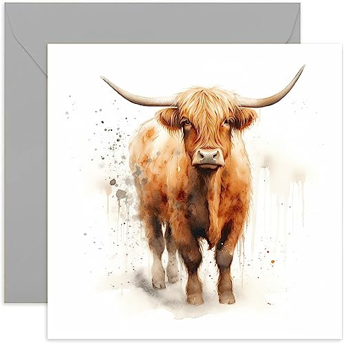 Old English Co. Grußkarte zum Geburtstag mit Aquarell-Hochland-Rinder-Kuh – niedliche Geburtstagskarte für Mama, Oma, Sie – Wildtier-Kunstkarte zum Denken an Sie, Dankeschön | blanko Innenumschlag