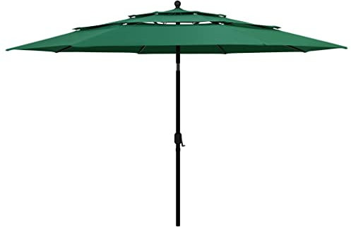 Higsose Parasol de Plage à 3 Niveaux Vert 350x260 cm Parasol de Terrasse Polyester Anti-UV Parasol de Jardin Anti-décoloration Parasol Pliable avec Mât en Aluminium Parasol de Table