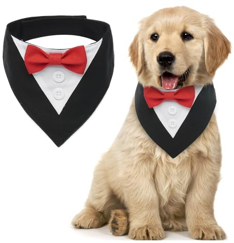 MHaustlie Hunde Smoking Bandana, Formale Haustier Smoking Fliege, Formale Feste Hundehalstuch, Verstellbar Haustier Anzug Fliege Bandana für Hochzeit Geburtstag Halloween Weihnachten(XS, RotSchwarz)