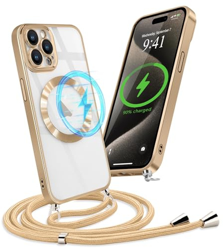 Micoden Magnetische Handykette für iPhone 15 Pro mit Band [Kompatibel mit MagSafe Kameraschutz Galvanik Transparent Silikon Case Abnehmbar Kordel zum Umhängen Handyhülle Schutzhülle,Gold