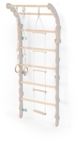 MAMOI® Klettergerüst Indoor fürs Zimmer | Sprossenwand aus Yarnwood | Turnwand + Turnringe | Made in EU