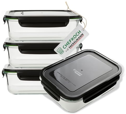 FACKELMANN Chefkoch 4er Set Vorratsdosen – Ideal für Mealprep – 1050ml Borosit-Glas mit Kunststoffdeckel – Mikrowellen- & ofengeeignet – Auslaufsicher und luftdicht