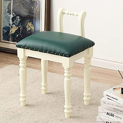 ASHILD Rustikaler Schminkhocker mit Rückenlehne, mit Leder gepolsterter Sitzbank-Schminkhocker, aus Holz geschnitzter Akzentstuhl, Make-up-Hocker für Schlafzimmer und Wohnzimmer-H 40 x 30 x 59 cm (