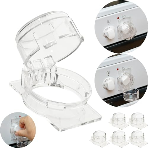 Herdknopf Kindersicherung, Set für 6 Knöpfe, Montage ohne Knopf Demontage, für max. Ø 51 x 45 mm Herdknöpfe mit min. 63 mm Abstand, transparenter Kleber, Herdschutz Kinder Sicherung, Babyschutz Herd