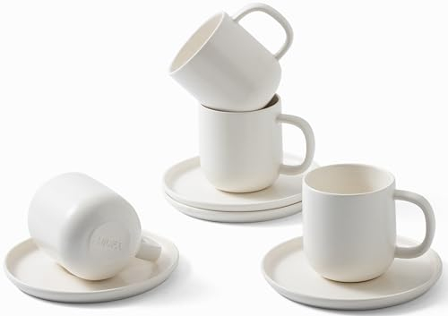 MIUFA Set of 4 Espresso Cups and Saucers in Stronger Porcelain 3.5oz/100ml,Mini Coffee Mugs Demitasse Cups