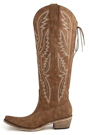 Atuelang Cowgirl Boots Wide Calf Western Cowboy Boots for Women Embroidered Pointed Toe Block Heel Pull-On Back Lace Up Adjustable Fancy Tall Knee High Boots Brown Size 8
