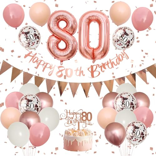 80th Birthday Decorations Retro Pink Rose Gold,Happy 80th Banner with Cake Toppers,Confetti Balloons,Number 80 Balloons for Women Birthday Party