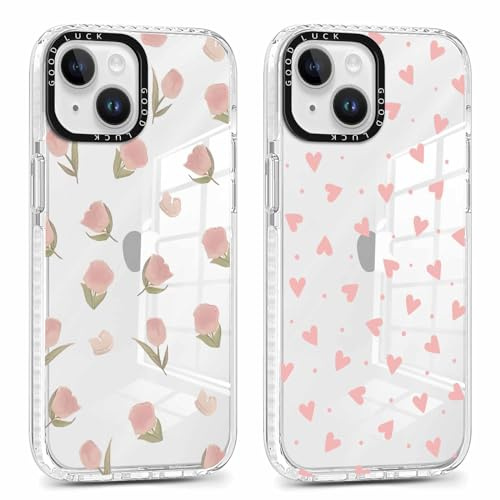 Xylota 2 Stück Transparent Handyhülle für iPhone 13 Mini 5,4 Hülle, Durchsichtig Case Muster Aesthetic Blumen Herz Mädchen Schutzhülle, Weich Silikon TPU Bumper Stoßfeste Cover für iPhone 13 Mini,1-6