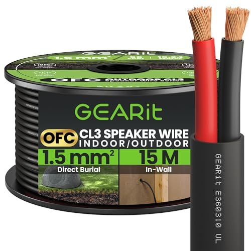 GEARit 2x1.5mm² OFC Outdoor Speaker Cable, CL3 In-Wall Rated 2 Core Speaker Wire with Polarity Mark, Oxygen-Free Copper Audio Cable for Home Cinema and Car Audio,Garden,Commercial-Black, 15M