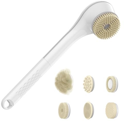 Elektrische Körperbürste mit langem Griff, wiederaufladbar, kabellos, IPX7, wasserdichter Silikon-Körperschrubber, Peeling-Körperschrubber mit 4 austauschbaren Köpfen, 2 Geschwindigkeitsstufen für