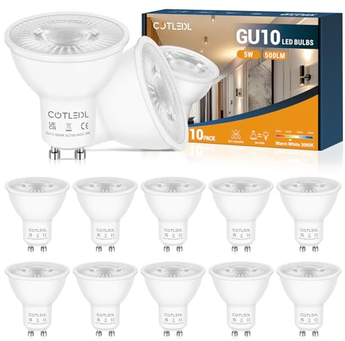COTLEDL GU10 LED Bulbs Warm White, 5W 500 Lumen Spot Light Bulb 3000K, Equivalent 50W Halogen, Non-Dimmable Non-Flicker Energy Saving Light Bulbs,10 Pack