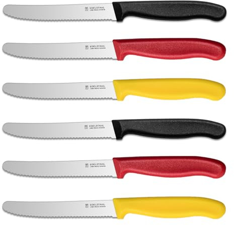 targzier Brötchenmesser Set 6 Stück,23cm,Rostfreier Stahl Tomatenmesser | Tafelmesser Wellenschliff,Bunte Messer,Ergonomischer PP Griff,Rostfreie Klinge Frühstücksmesser(Schwarz,Rot,Gelb)