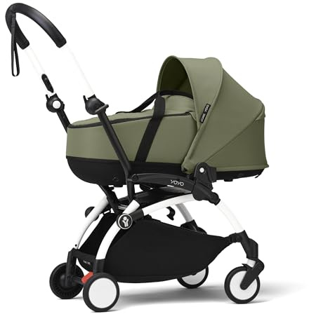 Stokke YOYO3 Kinderwagen mit Liegewanne (Olive) - Inklusive Rahmen (White), Liegewanne, Doppelmatratze, Fußbezug, gepolstertem Schultergurt und schützender Aufbewahrungstasche