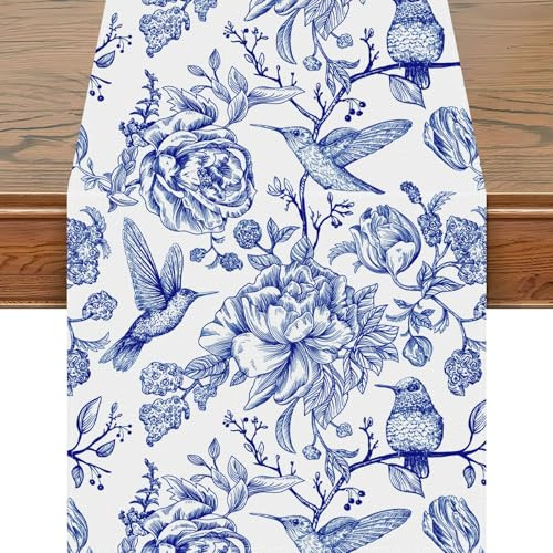 Snylcce 13x47 Zoll Tischläufer Blau und Weiß Monochrome Skizze Vögel Blume Tischdecke Retro Floral Küche Esszimmer Tischdekoration für Indoor Outdoor Home Party Restaurant Supplies