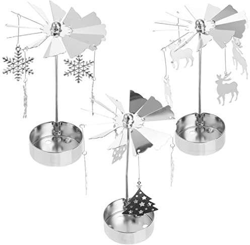 Cabilock 3pcs Rotary Candle Tea Light Holder Christmas Candlestick holder Romantic Metal Windmill Candle Holder Desktop Elk Snowflake Christmas Tree Adornment for Home Decor