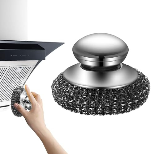 Edelstahl-Topfreiniger mit Griff – Metalldraht, Wollschrubber mit Griff, bequem zu halten, Stahlwoll-Pads, ergonomisches Küchen-Stahlwoll-Schrubber zum Reinigen von Geschirr, Pfannen, Töpfen