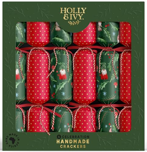 Holly and Ivy Handmade in Africa Christmas Crackers - Celebration Range - Tray of 6 x 12 Inch - Eco Friendly Gifts Inside - Luxury Deluxe Christmas Crackers - Woodland Gonk