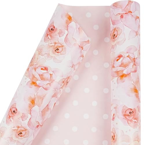 Doppelseitiges Geschenkpapier Rolle, Rosa Rose Blumen Punkte Geschenkpapier Rolle, Rosa Geschenkpapierrolle für Frauen Mädchen, Geschenkverpackung Papier für Geburtstag, Muttertag, 43CM X 10M