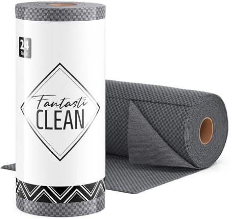 Fantasticlean Rouleau de Chiffon en Microfibre Double Face, Lot de 24 Torchons de Cuisine Déchirable, Serviettes de Vaisselle Réutilisables et Non Pelucheux 45 x 30 cm, Gris Foncé à Carreaux
