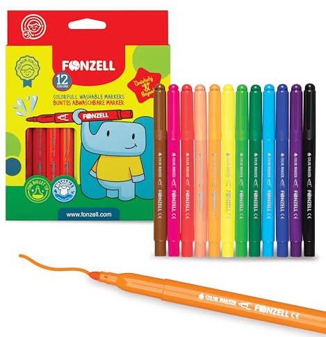 Fonzell Abwaschbare Filzstifte Kinder – 12 Farben – Rundspitze 0,5 mm – Auswaschbar von Haut & Kleidung – Ungiftig & CE-zertifiziert – Ideal für Schule, Kindergarten & Zuhause