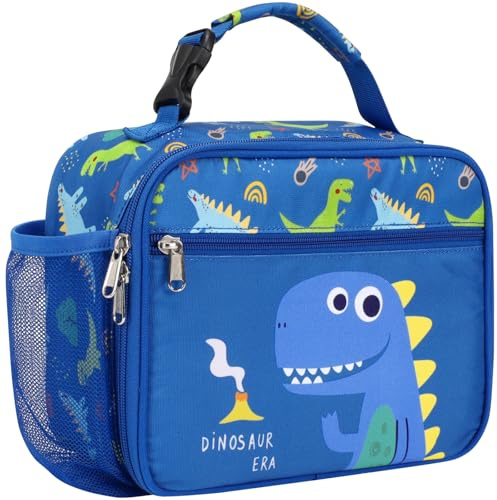 Bagseri Kids Lunch Bag Boys - Insulated School Lunch Box with Bottle Holder, Portable Reusable Thermal Cooler Tote for Nursery, 6L Capacity, Blue Cute Dinosaur (Water Bottle Not Included)