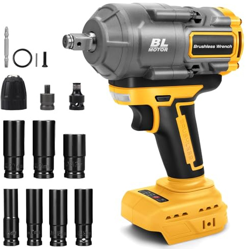 1100 Nm Cordless Impact Wrench for Dewalt 18V 20V Max Battery, No Battery | 1/2 Inch Square Drive, Brushless Motor, 2300 RPM, 4500 BPM, with 7 Sockets, for Car Truck, Heavy-Duty Project