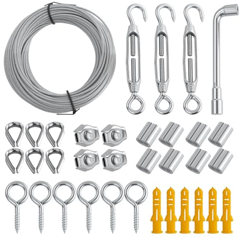 20 m 2 mm rostfritt stål tråd stålvajer set, PVC-belagd vajer rostfritt stål spännsystem med spännlås och krok, 304 rostfritt stål vajer spänntråd, för klättringsstöd
