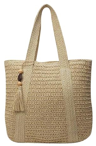 Generisch Strohtaschen Damen, Sommer Strandtasche Stroh Groß Geflochten Korbtasche Stroh Handtasche Basttasche mit Reißverschluss und Leder Schultergurt für Strand Reise
