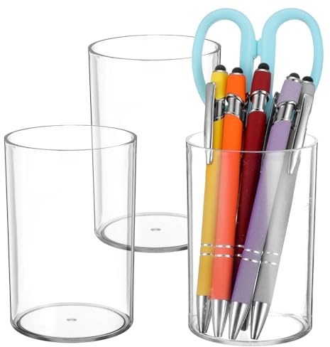 Hpmjz 3 Pack Acrylic Pencil Holder Clear Makeup Bush Holders Round Shape Desktop Pen Cup Holder Countertop Stationery Organizer for Office Desk Accessory Home Supplies