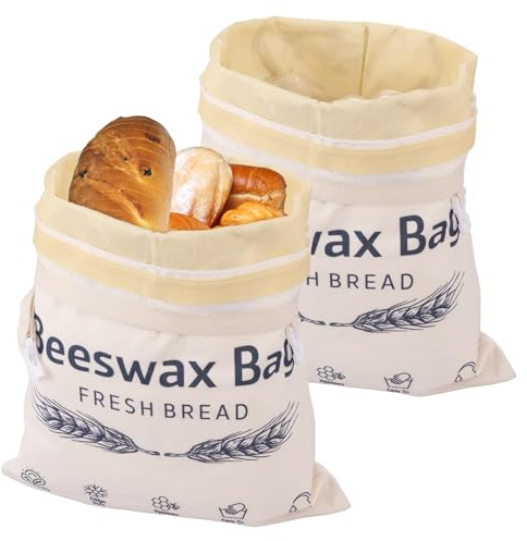 2Pack Bread Bags for Homemade Bread, 42x32.5cm Canvas Breads Bags with Removable Beeswax Liner, Eco Reusable Breads Storage Bag for Keep Breades Fresh