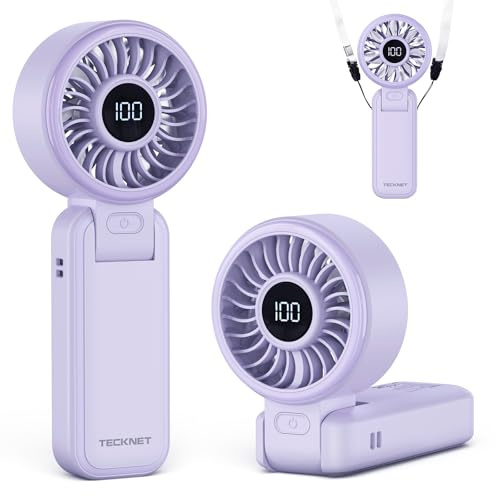 TECKNET Handheld Fan with 5000mAh, USB Portable Hand Held with LED Display | Rechargeable Fan 150° Foldable, 1-100 Speed Mini Electric Desk Fan for Travel Home Office Bedroom Outdoor, Purple