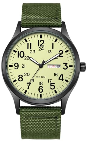 JewelryWe Herrenuhr Leuchtende Militär Armbanduhr: Grün Taktische Outdoor Analog Quarz Uhr Herren Sportuhr mit Nylonarmband, Datum/Wochentag Kalender, 12/24-Stunden Anzeige & Leuchtzeiger