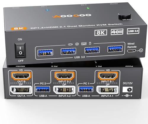 KVM Switch HDMI DP 8K@60Hz/4K@144Hz, HDMI DP KVM Switch für 2 Computer 2 Monitore und 4 USB3.0-Geräte teilen, Kabelfernbedienung und USB-Kabel im Lieferumfang enthalten