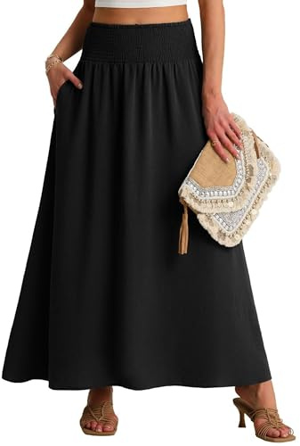 QIXING Jupes longues plissées pour femme - Taille haute - Style bohème décontracté - Avec poches