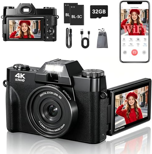 Cámara digital 4K, cámara de vlogging WiFi de 75 MP con pantalla abatible de 180°, enfoque automático, zoom de 18X, tarjeta de 32 GB, 2 baterías, cámaras digitales compactas de apuntar y disparar para