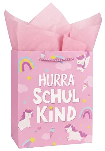 Geschenktasche Einschulung für Mädchen, inkl. 2 Seidenpapieren, „Hurra SchulKind“ Rosa Geschenktüte Schulanfang mit Einhorn, Regenbogen für Schuleinführung Schulbeginn Schulstart