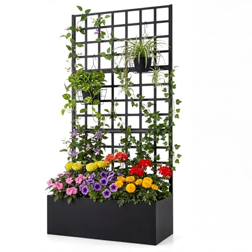 HOMASIS Jardinière avec Treillis en Métal, Bac à Fleurs Surélevé avec Trous de Drainage pour Plantes Grimpantes, Légumes, Jardinière Brise-Vue Extérieure pour Terrasse Balcon, 91 x 40 x 180 cm