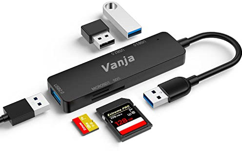 Vanja USB 3.0 Lecteur de Carte SD 5 en 1 USB A vers USB Extension Lecteur de Carte SD pour SDXC/SDHC/SD/MMC/RS-MMC/Micro SDXC/Micro SD/Micro SDHC Compatible avec Windows/Mac OS/Linux